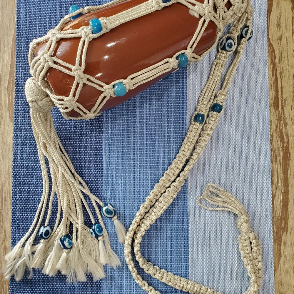 Vintage Bohemian Portugal Brown Glass Hanging Planter Decor Evil Eye Glass Beads
